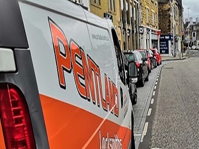Pentland Locksmiths branded van parked on Dalkeith High Street in Midlothian, showing local locksmith service presence in the town.