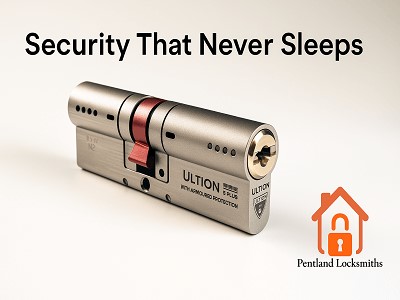 Promotional photo of a 3-Star Ultion high-security cylinder lock showcasing its anti-snap design and premium build quality, used by Pentland Locksmiths.