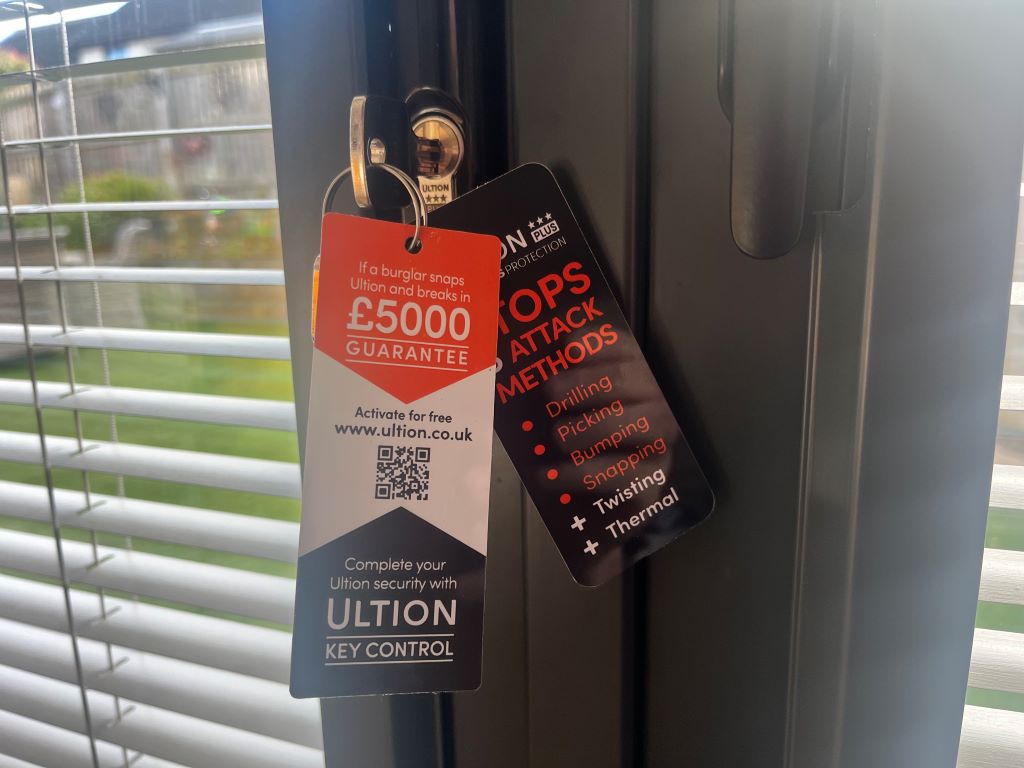 High-security Ultion Plus 3 Star Euro cylinder lock fitted to a UPVC door, featuring anti-snap, anti-pick, and anti-drill protection for maximum home security.