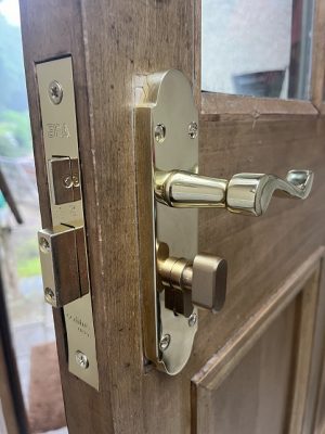 High-security Euro mortice lock with internal thumbturn fitted to a wooden door, allowing safe keyless locking from inside and preventing keys being left in the back of the lock — ideal for emergency access and improved home security.